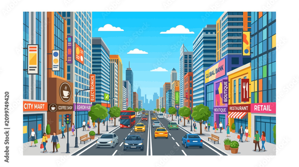 Obraz premium Vibrant Cityscape with Busy Traffic and Pedestrians - Urban Illustration
