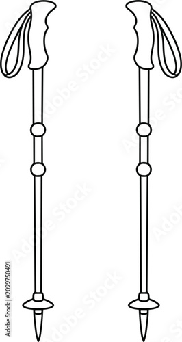 Bild auf Leinwand Pair of telescopic trekking poles for hiking and Nordic walking line art illustr