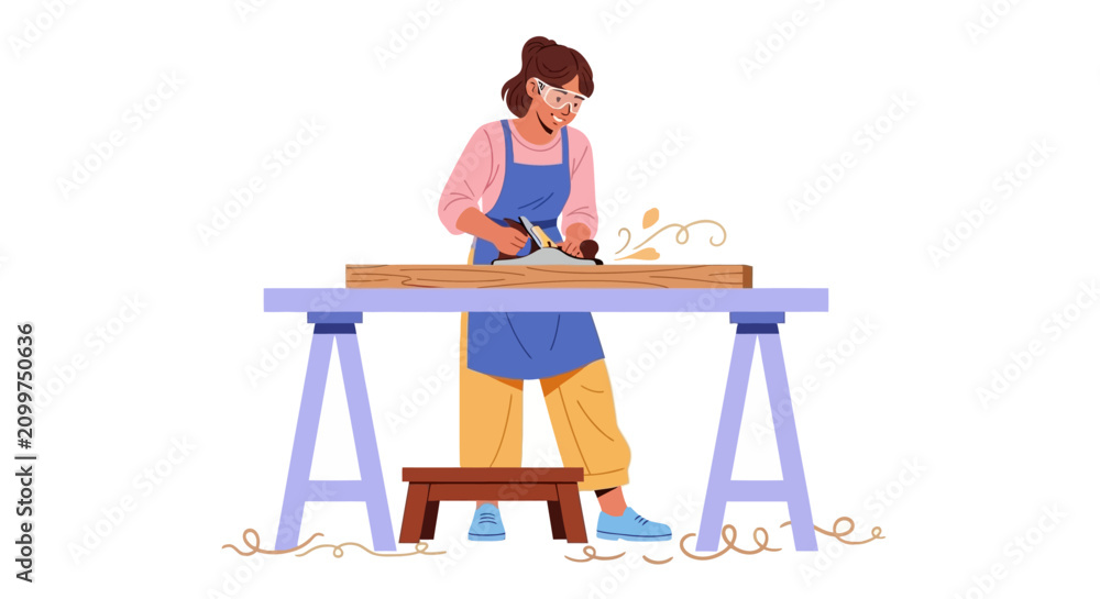 Fototapeta premium Female carpenter, woodworking, illustration, vector, woodworker, crafting, DIY, workshop