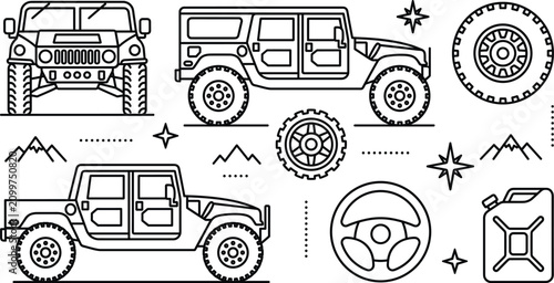 Tableau sur toile Off road truck vehicle line art vector icon set with military suv wheel steering