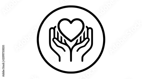 Hands holding heart icon, care and love symbol, outline illustration in circle