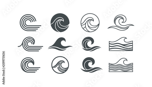 Photography Minimalist ocean wave icons set featuring flat linear and silhouette sea water curls surfing ripples and round aquatic emblems vector illustration