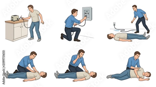 First aid CPR training steps. Emergency medical response procedure for cardiac arrest.