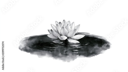 Black and white watercolor painting of lotus blossom on dark reflecting pond.
