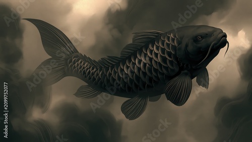 Dark monochromatic painting of koi fish swimming through cloudy water.