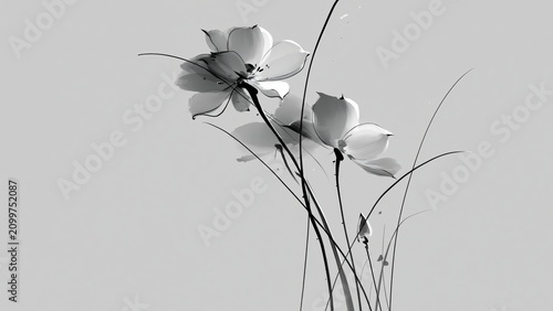 Minimalist monochrome illustration of delicate flowers with long stems on gray background.