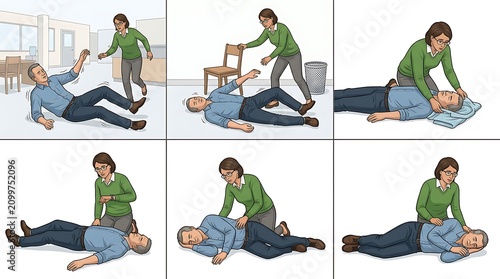 CPR first aid training steps. Emergency medical procedure for unconscious person recovery.