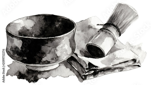 Grayscale watercolor painting of matcha bowl, bamboo whisk, and folded cloth.