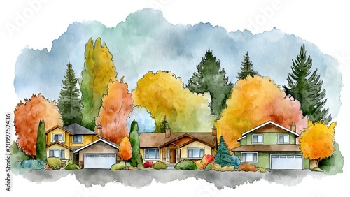 Watercolor illustration of row of suburban houses backed by large colorful autumn trees.