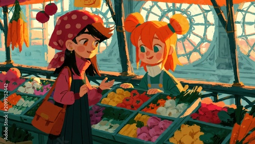 Two cartoon girls buying fresh vegetables at colorful sunny farmers market.