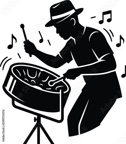 Obraz na plátně Silhouette of Steel Drum Player Performing Caribbean Calypso Music on a Concert