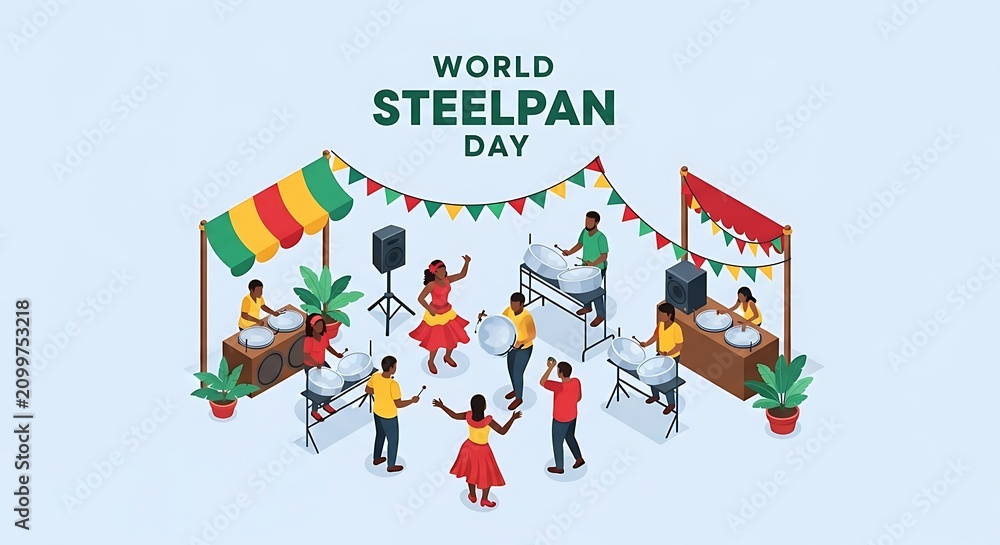 Naklejka premium Isometric illustration of World Steelpan Day festival celebration