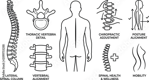 Bild auf Leinwand Spine health and chiropractic adjustment line art vector icon set with thoracic