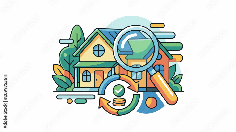 Naklejka premium Magnifying glass over house with financial cycle