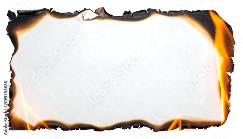 Burning paper edges with bright orange flames and glowing embers isolated on a clean white background