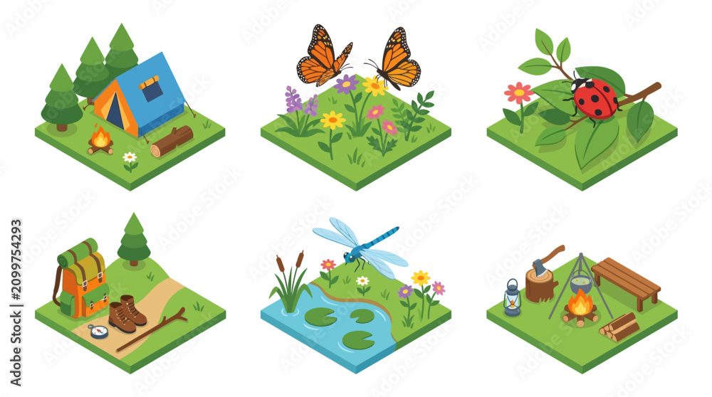 Naklejka premium Set of isometric illustrations depicting nature and outdoor activities on a white background