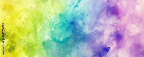 Abstract Vibrant Rainbow Watercolor Background with Soft Gradient Textures and Paint Splatters for Banner Design