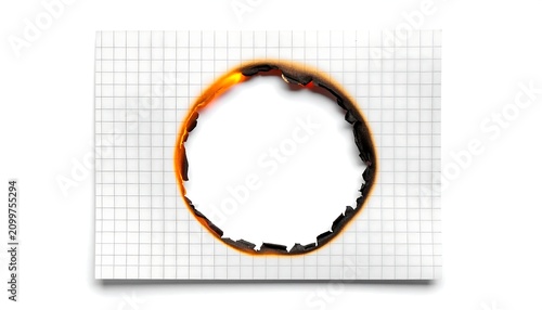 Circular burn hole in white graph paper with charred edges and glowing embers on a clean background