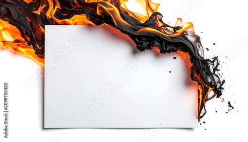 Empty white paper sheet burning with bright orange flames and black charred edges on clean isolated background