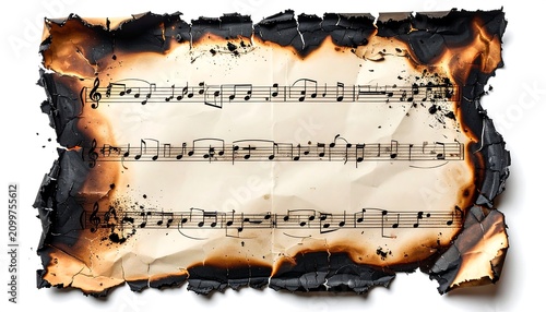 Old vintage sheet music with charred burnt edges and wrinkled parchment paper against a clean white background