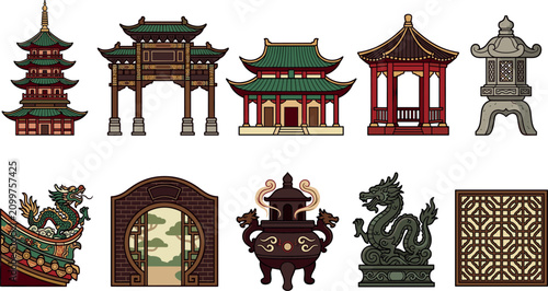Fotografie Traditional East Asian Architecture and Cultural Icon Set Featuring Pagoda, Paif
