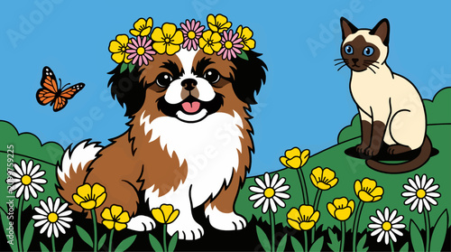 Quadro su tela Happy Pekingese Puppy with Flower Crown and Siamese Cat in a Meadow, Monarch But