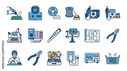 Schilderij op canvas Modern Illustrated Collection of Electronics Tools and Components in Blue and Wh