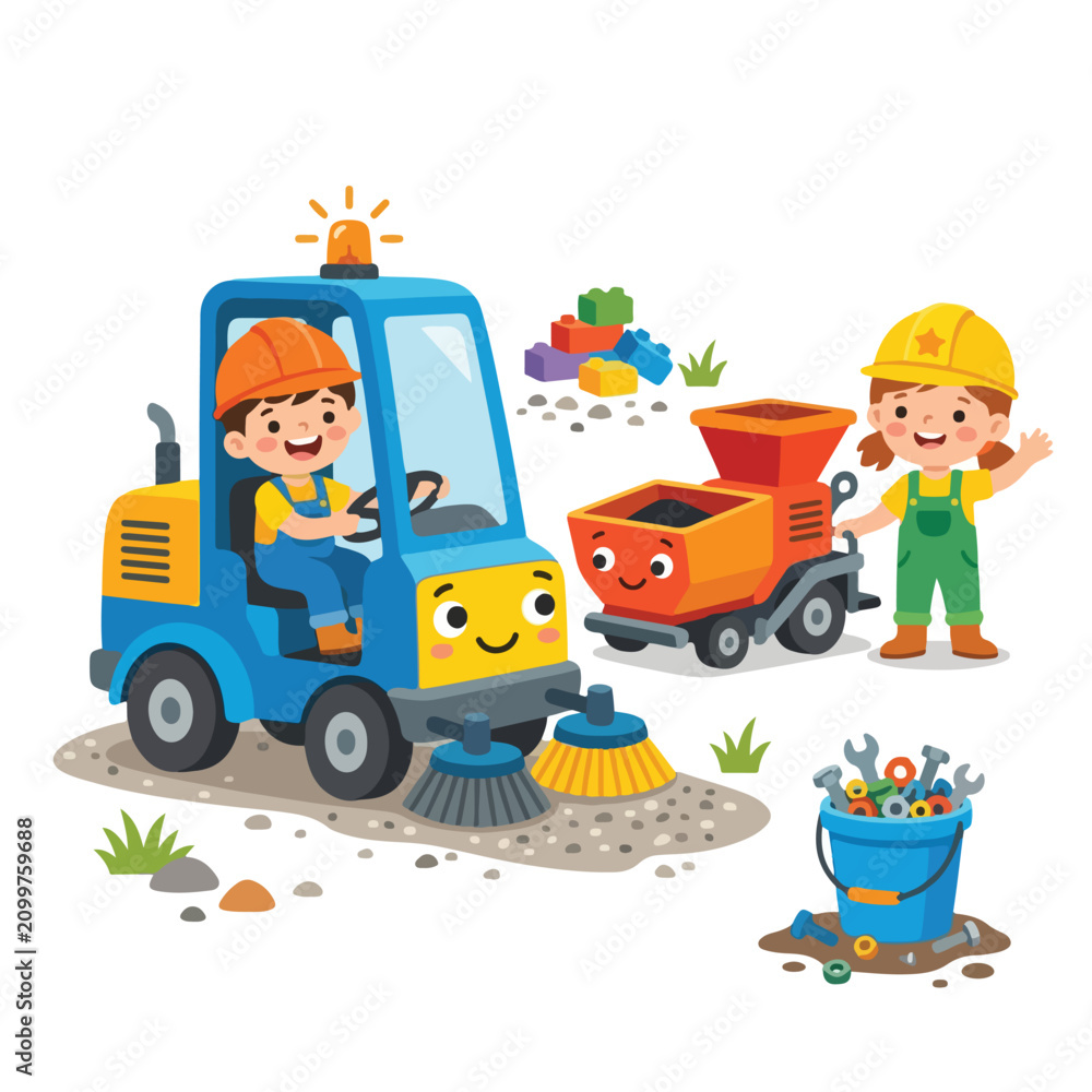Obraz premium A cheerful boy drives a blue street sweeper while a girl stands by an orange mixer in this cute construction-themed cartoon illustration for kids.
