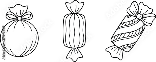 Wrapped candy sweets vector outline icon set with stripes and bows for birthday party celebration graphic design