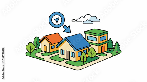 Isometric homes with navigation arrow and clouds overhead
