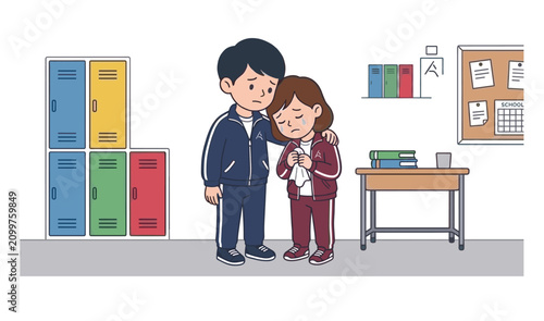 Konstfotografi Caring school child comforting a classmate in the hallway, promoting empathy, ki