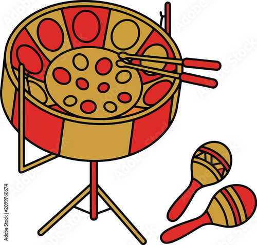 Canvas Print Colorful Cartoon Drum Set with Maracas Isolated on White Background, Kids Music