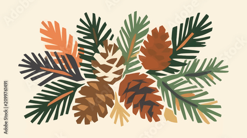 Stylized Flat Vector Illustration of Pine Cones and Evergreen Branches in Earthy Tones, Abstract Nature Design with Cream Background and Copy Space