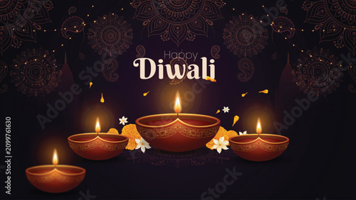 Happy diwali wishes with beautiful diya lamps and florals