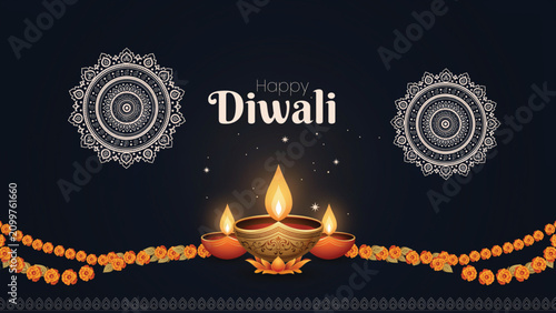 Happy diwali wishes with diwali lamps and decorations