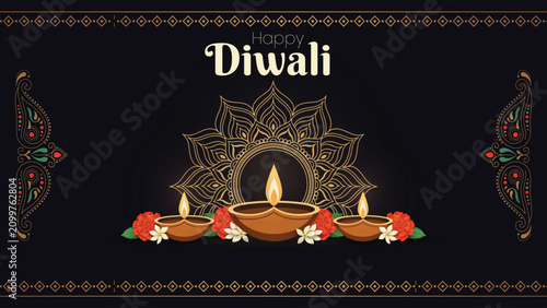 Happy diwali festival of lights greeting card with diwali diya lamps and floral decorations