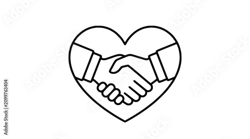 Heart shape handshake icon outline, symbol of love, partnership, agreement, trust, and connection.