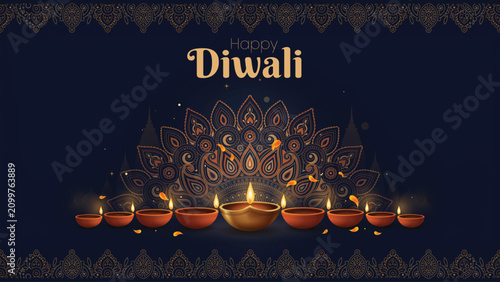 Happy diwali wishes with diwali lanterns and diyas on dark blue background