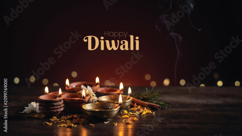 Happy diwali traditional clay lamps and festive decorations for the indian festival of lights