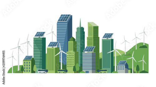 Eco friendly city with skyscrapers wind turbines solar.