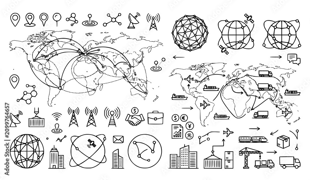Fototapeta premium Global Logistics and Communication Network Icon Set Collection