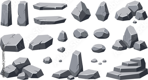 Canvastavla Grey Stone and Rock Cartoon Vector Set with Cracked Boulders Pillars Platforms a