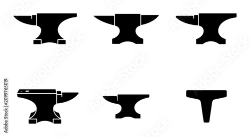 Bild auf Leinwand Blacksmith Anvil Icons Set, Metalworking Tools Vector Collection, Forge Equipmen