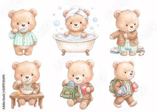 Cute Watercolor Teddy Bear Daily Routine and School Activities Set