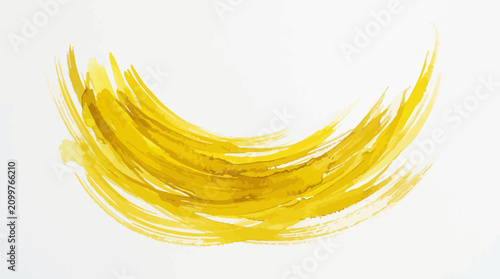 Curved yellow watercolor brushstroke on white background.
