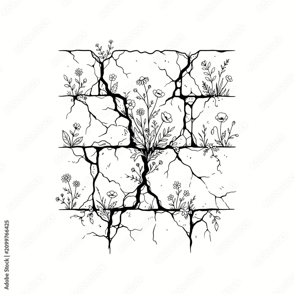 Fototapeta premium Cracked wall with wildflowers growing through concrete. Nature reclaims urban decay with delicate blooms and resilient roots.