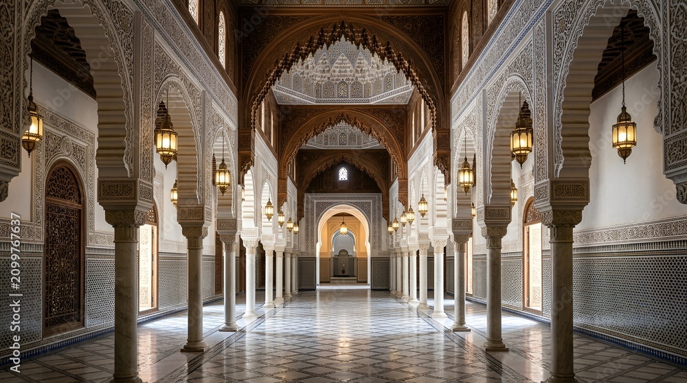 Obraz premium Ornate Moroccan Palace Interior with Arches and Lanterns - Architectural Detail