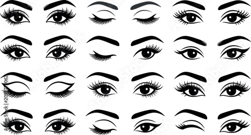 Foto Set of beautiful woman eyes with long eyelashes and eyebrows