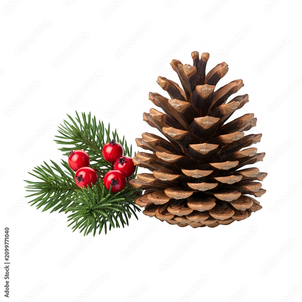 Fototapeta premium Pine cone with sprig of greenery and berry isolated on transparent background