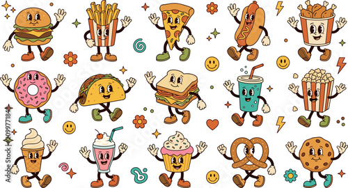 Food Characters Dancing with Joyful Expressions and Colorful Backgrounds Featuring Background, Cartoon, Illustration with Fun